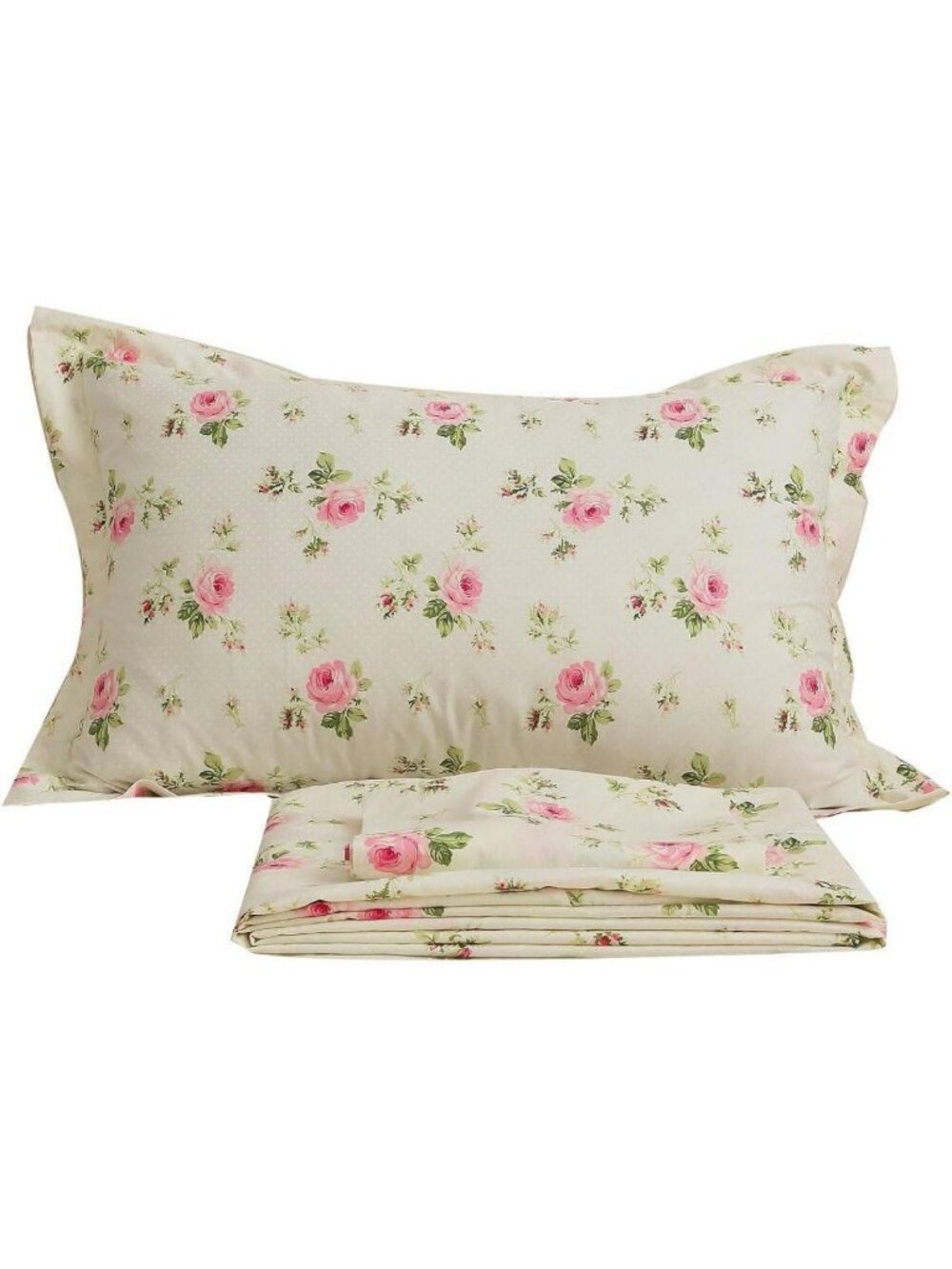 Floral Full Cotton Sheets Set - Pink Rose & Light Yellow, Soft Luxury Bedding